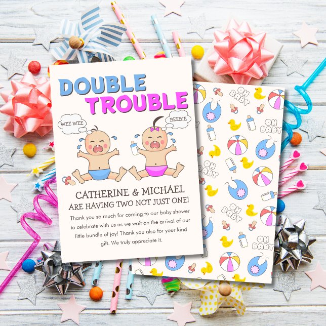 Carte De Remerciements Double Trouble Twin Boy & Girl Baby shower (Créateur téléchargé)