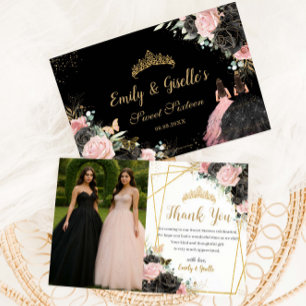 Carte De Remerciements Douce 16 Quinceanera Noir Rose Floral Jumelles Pho