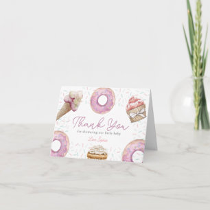 Carte De Remerciements Douce Baby Shower Cupcake Rose et Donut