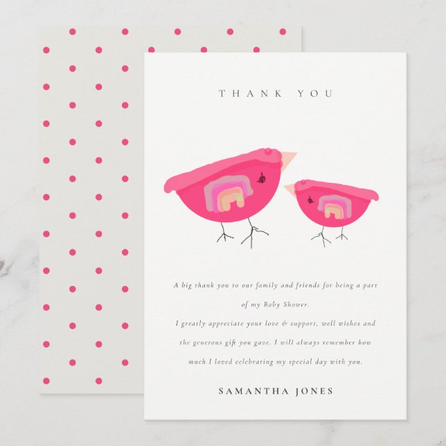 Carte De Remerciements Douce Baby Shower d'oiseau rose arc-en-ciel dessin (Devant / Derrière)