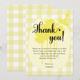 Carte De Remerciements Douce Baby Shower jaune pastel à carreaux