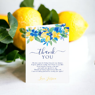 Carte De Remerciements Douce douche nuptiale aux citrons jaunes bleus aqu