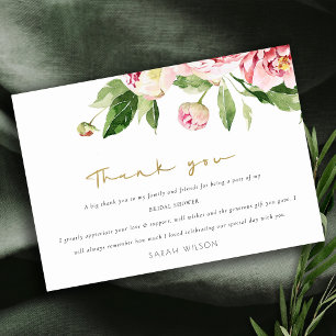Carte De Remerciements Douce Mariage Floral Pivoine Aquarelle Teinte Rose