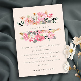 Carte De Remerciements Douce Mariée Fleurie Aquarelle Rose Clair et Vif