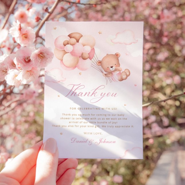 Carte De Remerciements Douce Ourson en aquarelle rose Fille Baby Shower  (Créateur téléchargé)