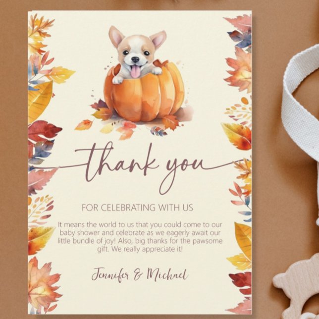 Carte De Remerciements Douce petite chiot citrouille Baby Shower (Fall Baby Shower Pumpkin Puppy Foliage Flat Thank You Card)