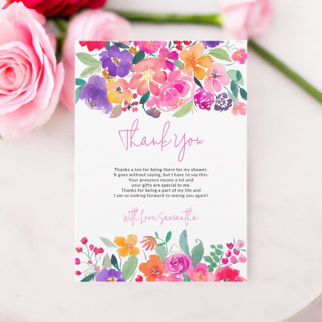 Carte De Remerciements Douce soirée de mariage en aquarelle rose vif flor (Bold bright pink floral watercolor bridal shower thank you card)