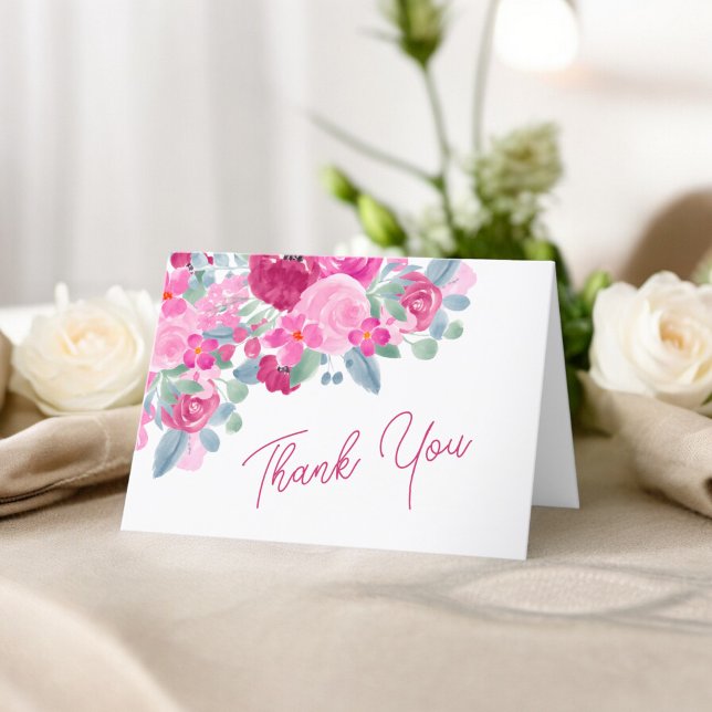 Carte De Remerciements Douce soirée de mariage en fleurs de prunier rose  (Bold pink plum floral watercolor bridal shower thank you card)