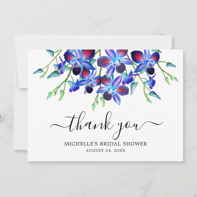 Carte De Remerciements Douche de Mariage Élégante Aquarelle Orchidées Ble (Devant)