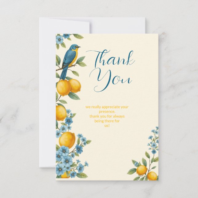 Carte De Remerciements Douche de mariée citron et bleuet rustique (Devant)