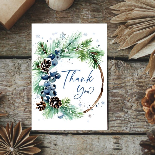 Carte De Remerciements Douche d'hiver nuptiale d'aquarelle de pins wreath (Winter bridal shower watercolor pine wreath thank you card snowy pines cones winter blue berries)
