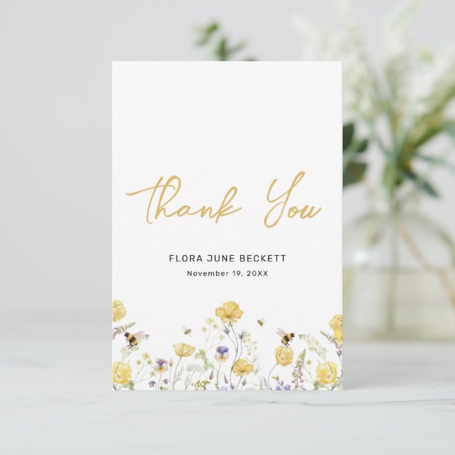 Carte De Remerciements Douche Fleur de Saisons Florale Abeille à Miel  (Debout devant)