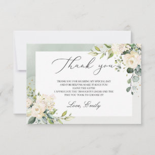 Carte De Remerciements Douche nuptiale verte blanche roses eucalyptus