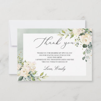 Carte De Remerciements Douche nuptiale verte blanche roses eucalyptus