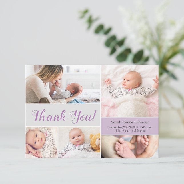 Carte De Remerciements Doux lavande pourpre Baby girl Photos personnalisé (Debout devant)