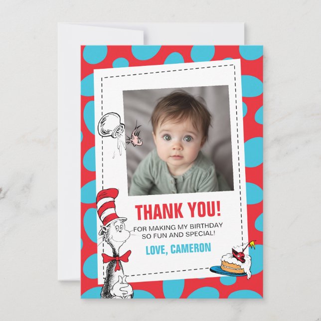 Carte De Remerciements Dr Seuss | Chat à l'anniversaire du Casquette (Devant)