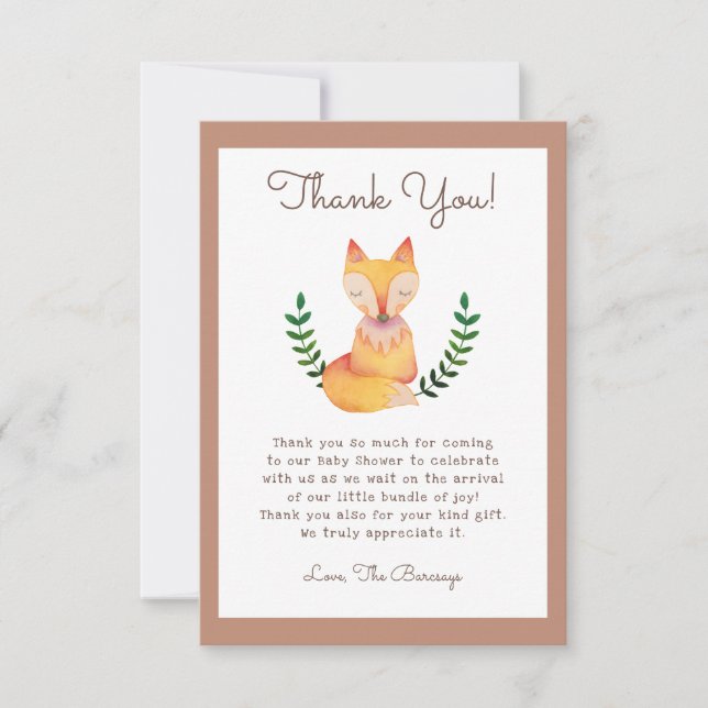 Carte de remerciements du Baby shower de Fox Woodl (Devant)