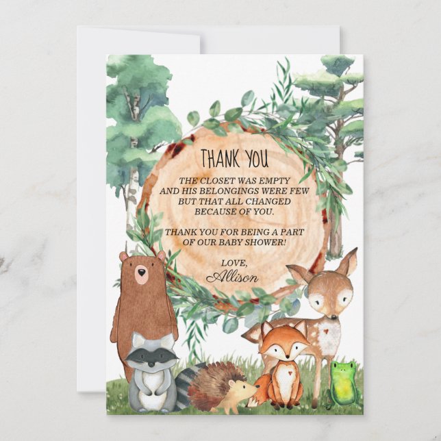 Carte de remerciements du Baby shower forestier (Devant)