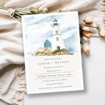 Dusky Aqua Blue Lighthouse Mountain Wedding Invita