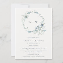 Dusky Blue Floral Wreath Monogramme Mariage Invite