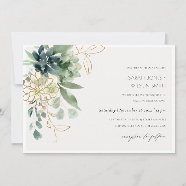 Carte De Remerciements Dusky Blue Green Succulent Foliage Mariage Inviter (Devant)
