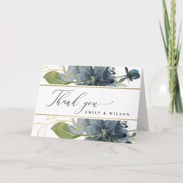 CARTE DE REMERCIEMENTS DUSKY BLUE OR VERT MARIAGE D'EAU FLORALE (Devant)