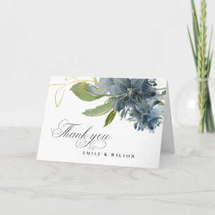 CARTE DE REMERCIEMENTS DUSKY BLUE OR VERT MARIAGE D'EAU FLORALE