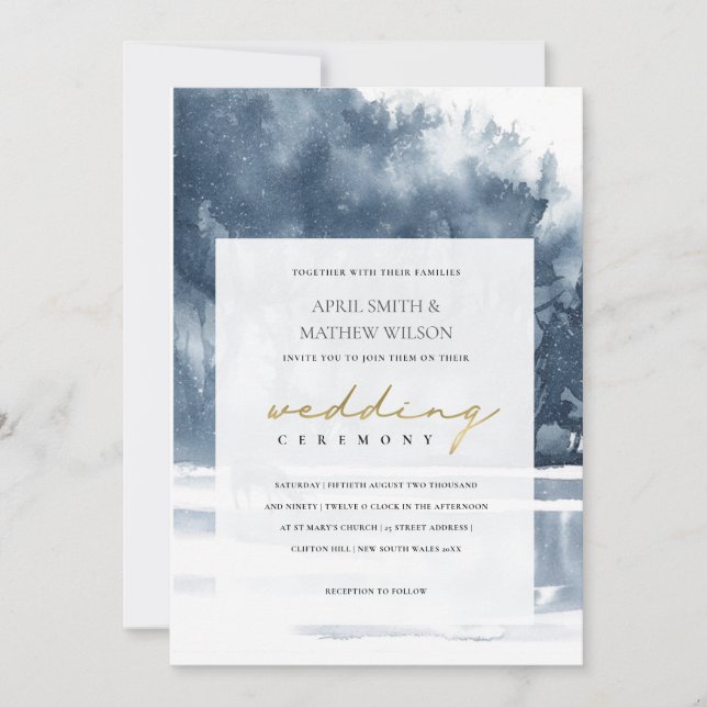 CARTE DE REMERCIEMENTS DUSKY INK BLUE FOREST LAKE PINE MARIAGE INVITE (Devant)