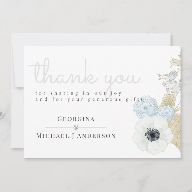 Carte De Remerciements Dusty Bleu Blanc Marine Anemone Mariage BUDGET (Devant)