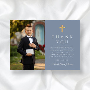 Carte De Remerciements Dusty Blue Boy First Communion Cross Photo