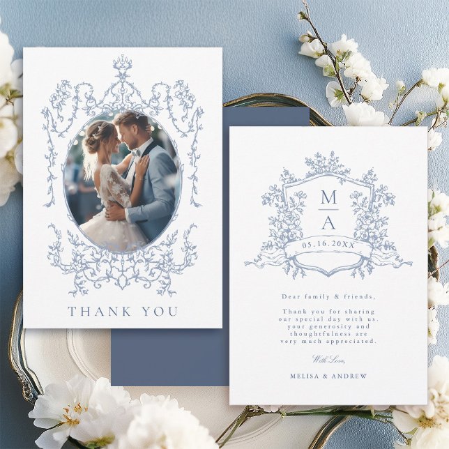 Carte De Remerciements Dusty Blue Classic Floral Frame Wedding Photo      (Front & Back)