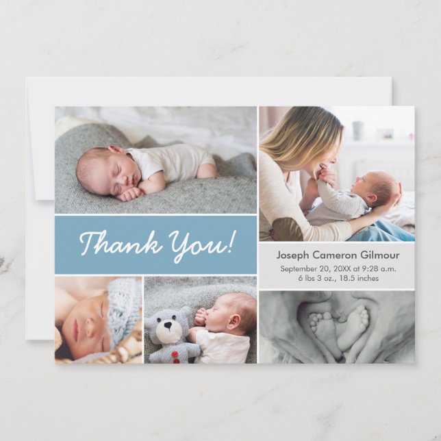 Carte De Remerciements Dusty blue Custom Photo Collage Bébé Garçon Naissa (Devant)