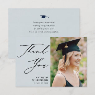 Carte De Remerciements Dusty Blue Elegant Script Simple Photo Graduation
