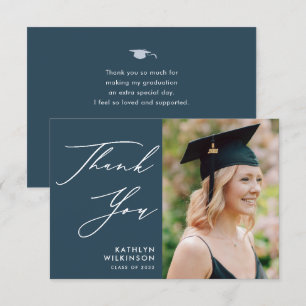 Carte De Remerciements Dusty Blue Elegant Script Simple Photo Graduation