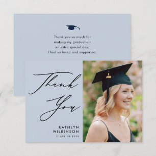 Carte De Remerciements Dusty Blue Elegant Script Simple Photo Graduation