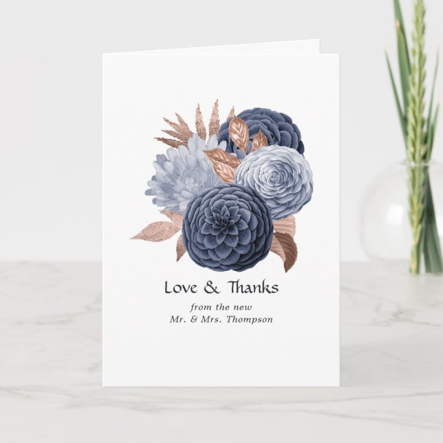 Carte De Remerciements Dusty Blue et Rose Gold Floral Mariage Photo (Devant)