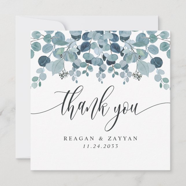 Carte De Remerciements Dusty Blue Eucalyptus Mariage de verdure (Devant)