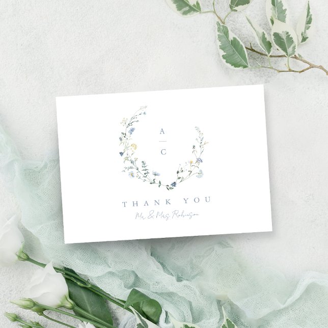 Carte De Remerciements Dusty Blue Fleur sauvage Rustic Boho Mariage monog (Dusty Blue Wildflower Rustic Boho Wedding monogram Thank You Card)