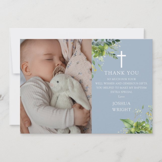 Carte De Remerciements Dusty Blue Greenery Photo Baptême Christening (Devant)