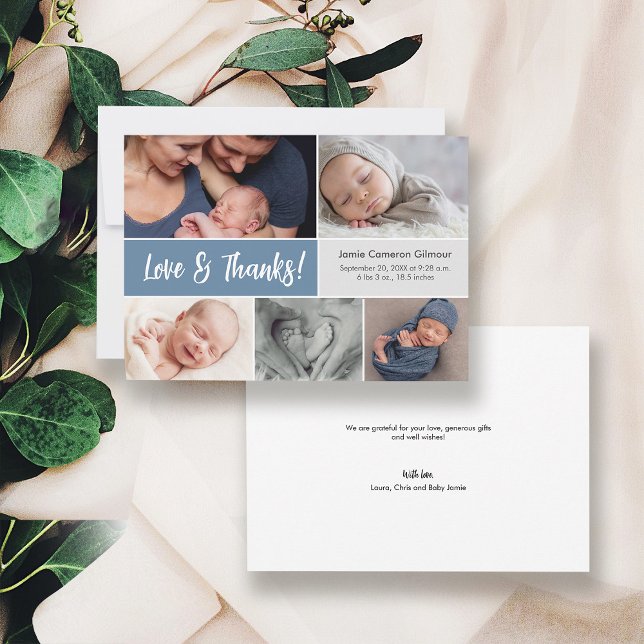 Carte De Remerciements Dusty Blue Love & Thanks Multi Photos Baby shower (Love and thanks front and back sides of dusty blue birth announcement thank you card.)