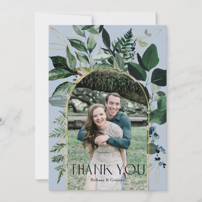 Carte De Remerciements Dusty Blue Moderne Botanique Vert mariage photo (Devant)