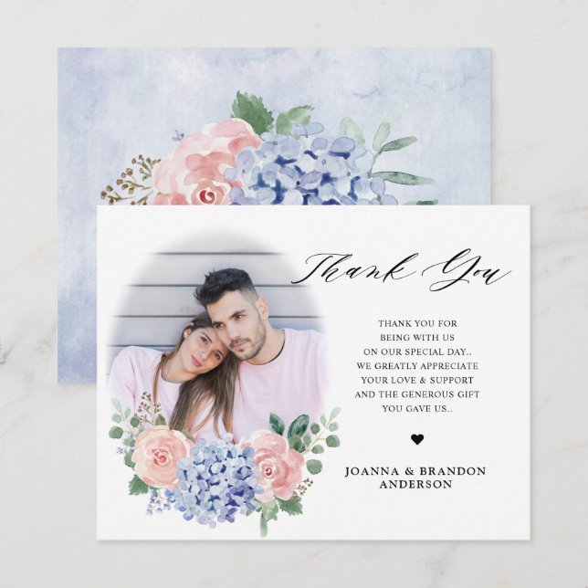 Carte De Remerciements Dusty Blue Pastel Pink hydrangeas Mariage (Devant / Derrière)