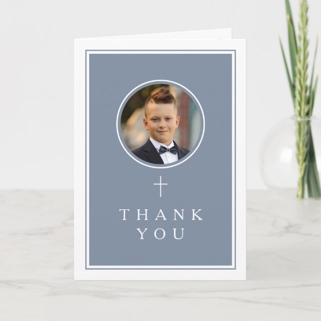 Carte De Remerciements Dusty Blue Photo Boy First Communion (Devant)