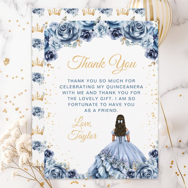 Carte De Remerciements Dusty Blue Princess Floral Quinceañera (Créateur téléchargé)