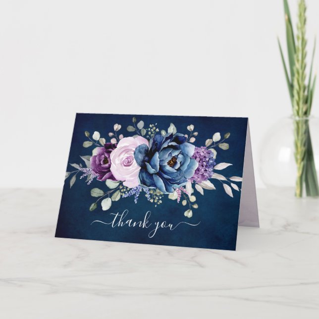Carte De Remerciements Dusty Blue Purple Navy Lilac Blooms Fête des marié (Devant)