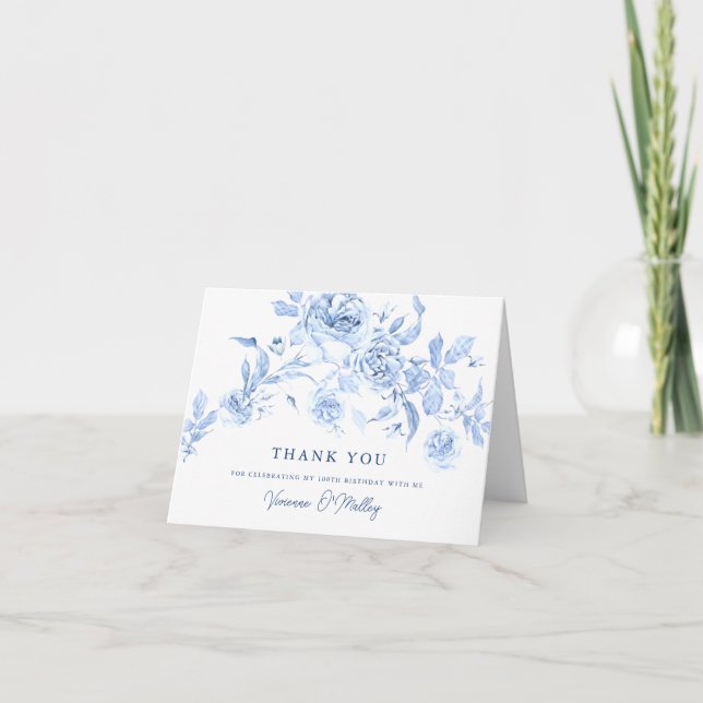 Carte De Remerciements Dusty Blue Rose Floral 100e anniversaire (Devant)