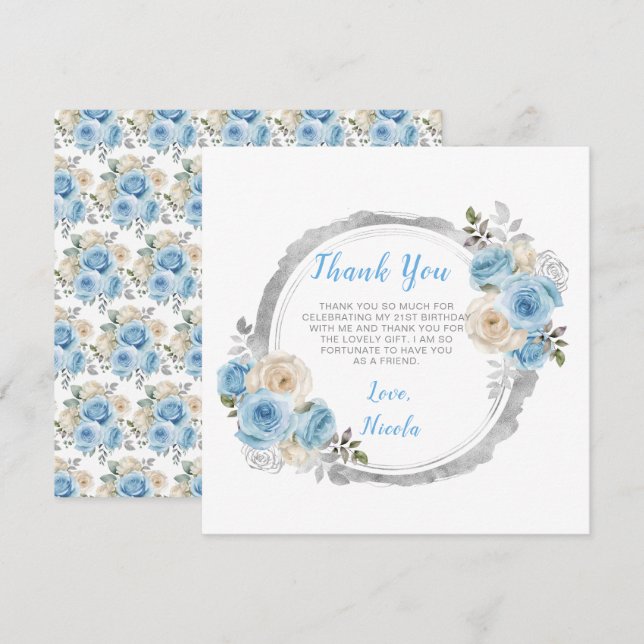 Carte De Remerciements Dusty Blue Silver Fleurs élégantes fête d'annivers (Devant / Derrière)