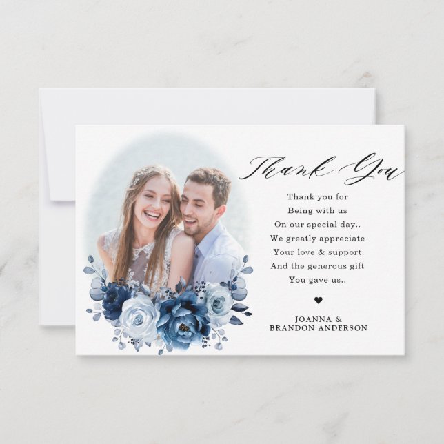 Carte De Remerciements Dusty Blue Slate Navy Floral Botanal Mariage (Devant)