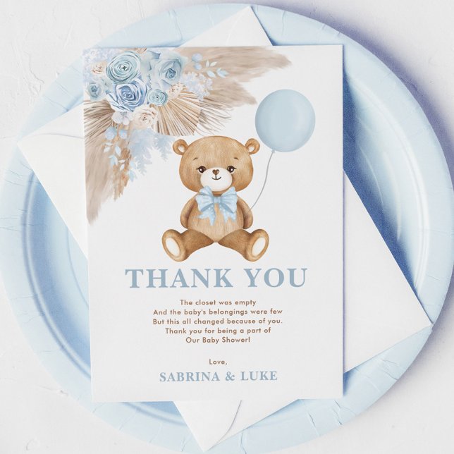 Carte De Remerciements Dusty Blue Teddy Bear Balloon Baby shower garçon (Créateur téléchargé)