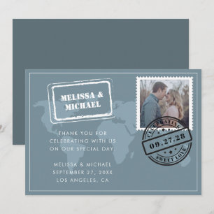 Carte De Remerciements Dusty Blue World Map Destination Wedding Photo